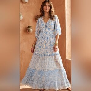 Hemant & Nandita Mina Blue Floral Metallic Lurex Maxi Dress Size Small